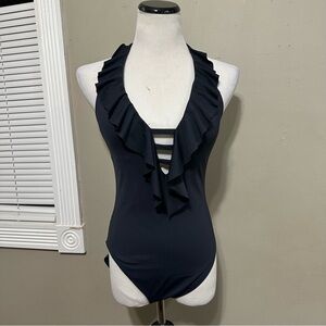 Bleu/Rob Beattie‎ Black Ruffled Halter Swimsuit women’s size 10
